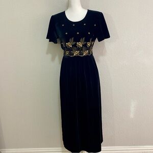 Vintage 90s Another Thyme Black Velvet Gold Embroidered Maxi Dress Petite 10P